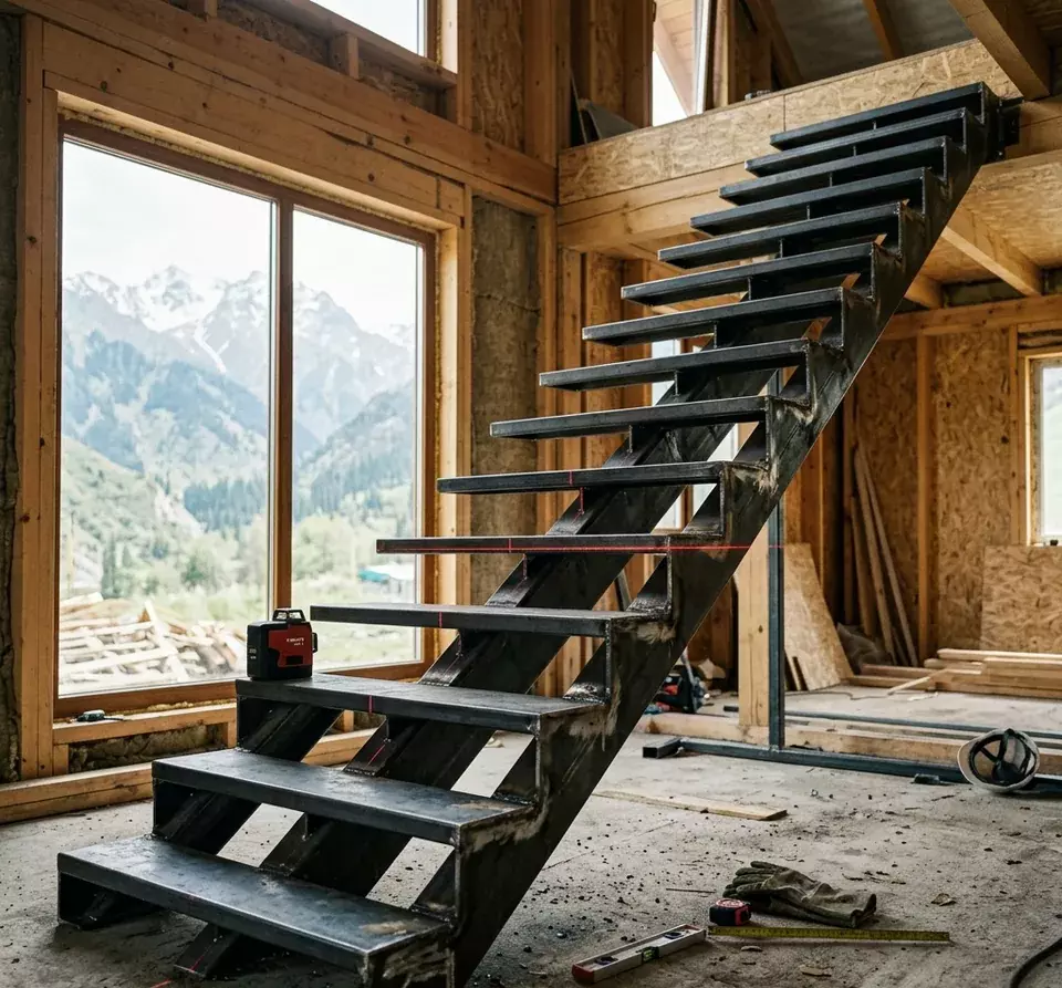 Installation of a steel frame for an inter-storey staircase in the Medeu district