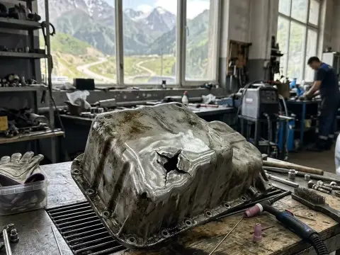 Welding a punctured oil sump after driving over a BAO