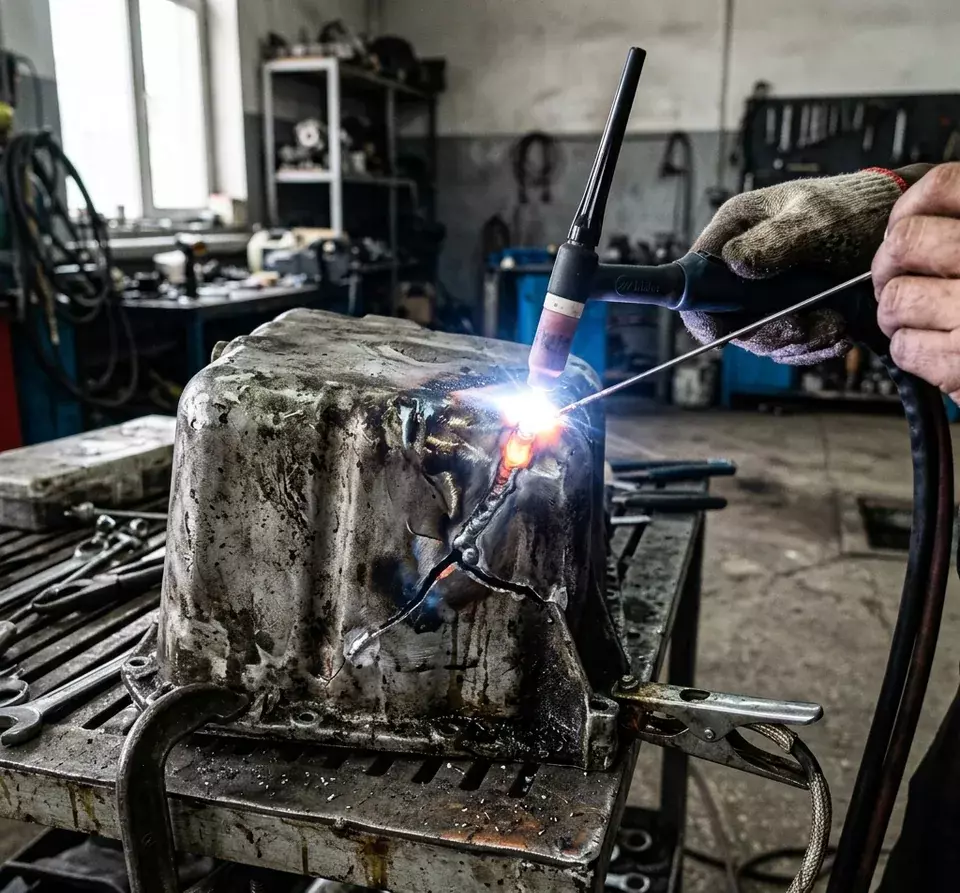 Welding a punctured aluminium crankcase sump in the Alatau district